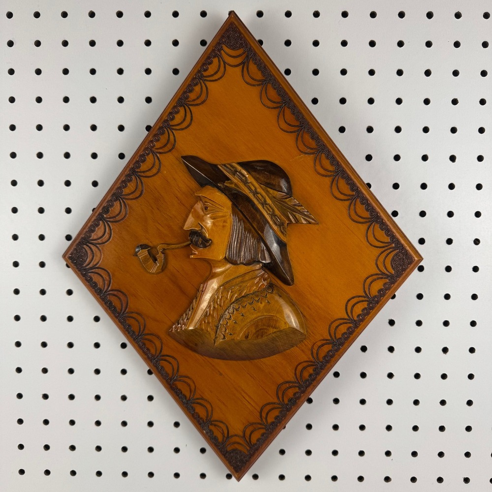 Vtg Hand Carved Wood Dutch Man Pipe Smoker Wall Plaque Folk Art Decor